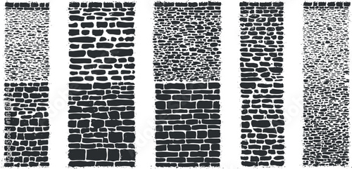 Set of six textured stone wall patterns in black and white for architectural and design projects
