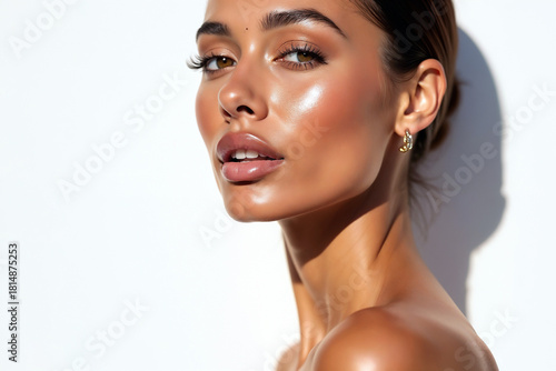 Close-up of a woman's natural beauty, featuring fresh, clean skin, sensuality, and subtle care in her hair and eyes