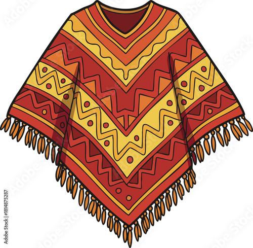 Colorful traditional poncho with geometric patterns red and yellow style vector illustration