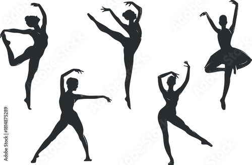Stylized silhouette vector illustration set of graceful dancers showcasing various ballet poses and movements for artistic projects