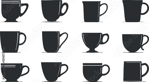 Silhouette vector icon set featuring various cup and mug designs for beverage branding and kitchen decor