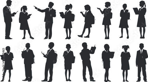 Silhouette vector icon set showing diverse individuals engaged in various activities like studying, presenting, and using technology