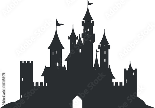 Silhouette vector illustration of a fantasy castle with towers and flags, ideal for storytelling and design projects