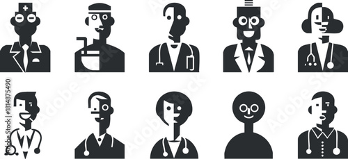 Set of minimalist black and white vector illustrations featuring diverse medical professionals, ideal for healthcare branding and design projects