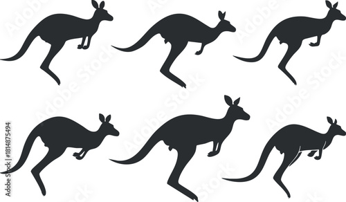 Stylized silhouette vector illustration set of kangaroos in various jumping poses for nature and wildlife themes