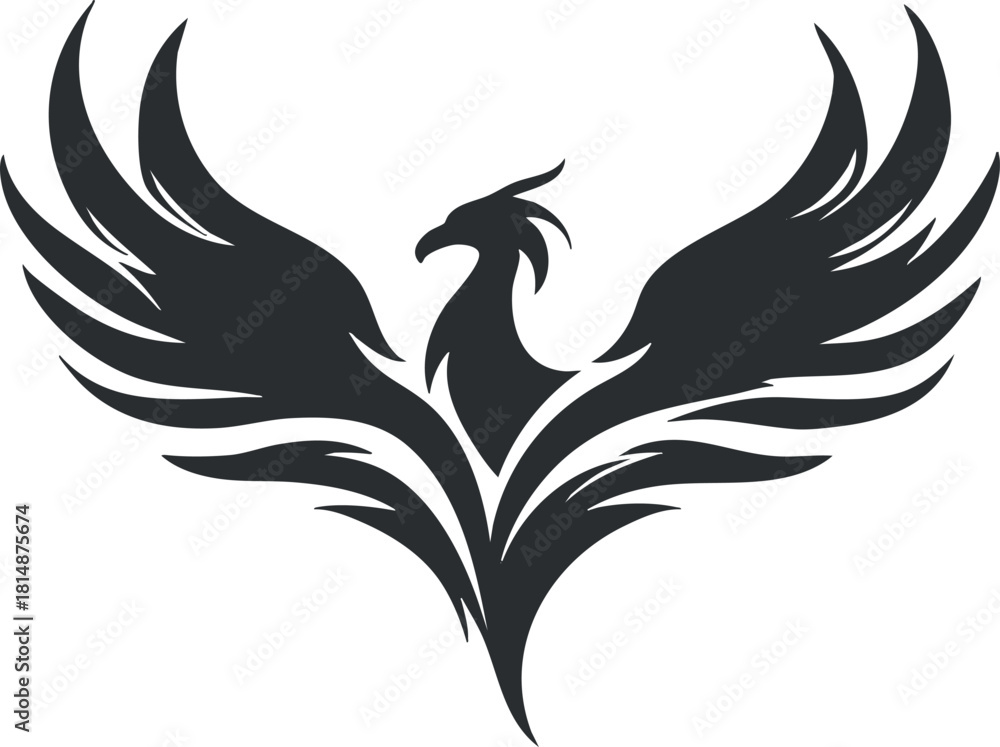 Obraz premium Black silhouette of a mythical phoenix with outstretched wings symbolizing rebirth and power.