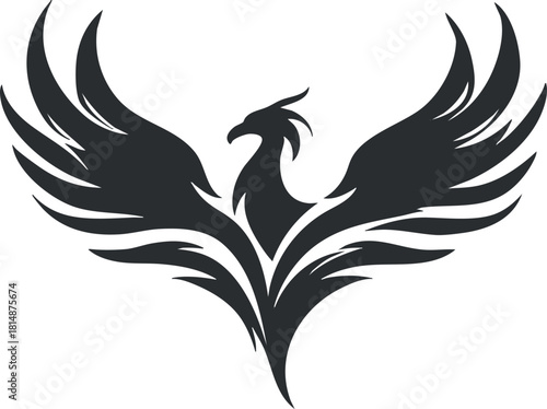 Black silhouette of a mythical phoenix with outstretched wings symbolizing rebirth and power.