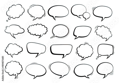Collection of hand drawn speech bubble and thought cloud shapes for comic book design isolated on transparent background
