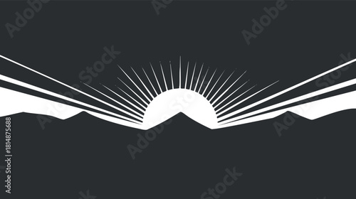 Minimalist black and white illustration of a sunset with mountains and sun rays.