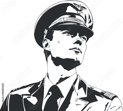 Black and white illustration of a pilot in uniform with a confident expression.