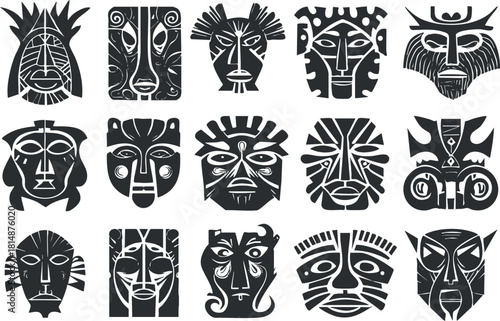 Collection of abstract tribal masks in black and white, showcasing diverse cultural designs.