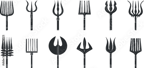 Collection of black trident and fork silhouettes in various designs and styles.