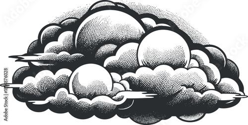 Black and white vintage illustration of clouds with detailed dotwork and shading design.