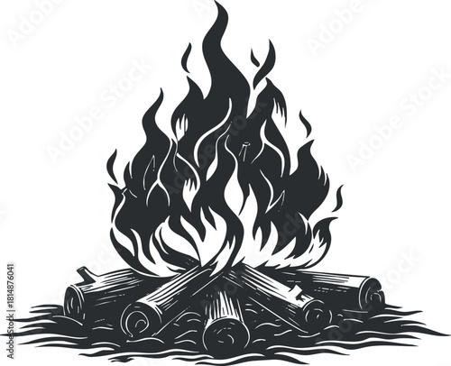 Black and white illustration of a campfire with flames and logs, perfect for outdoor themes.