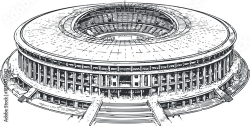 Detailed architectural sketch of a large stadium with circular design and prominent columns.