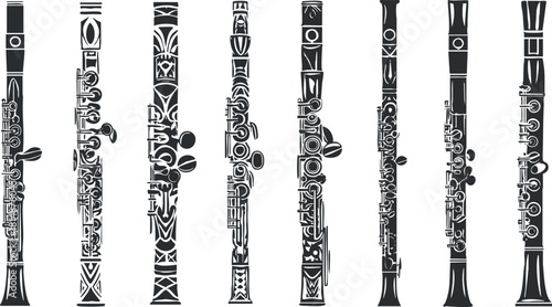 Ornamental black and white clarinet illustrations showcasing various artistic patterns and designs.