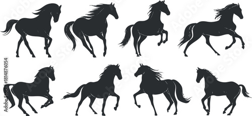 Collection of black silhouette horses in various dynamic poses, showcasing motion and elegance.