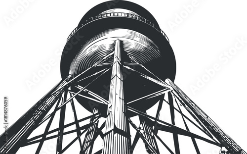 Artistic black and white illustration of a historic water tower structure viewed from below.