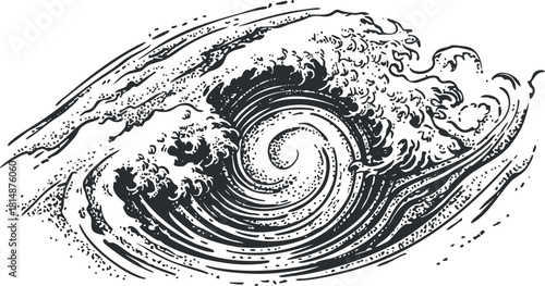 Black and white illustration of a swirling ocean wave with intricate line details.