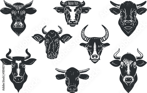 Black and white vector illustrations of cow and bull heads with intricate designs.