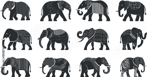 A collection of abstract elephant silhouettes with unique patterns in black and white design.