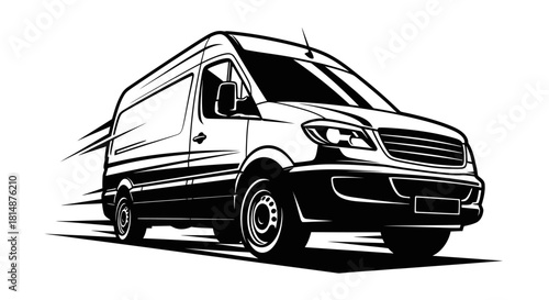 Dynamic black and white illustration of a delivery van in motion.