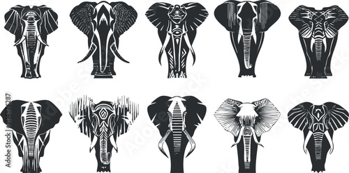 Collection of abstract black and white elephant head designs in vector illustration.