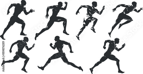 Dynamic silhouettes of athletes in various running poses, capturing motion and speed in black and white.