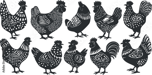 Black and white silhouette illustration of chickens and roosters in various poses for design use.
