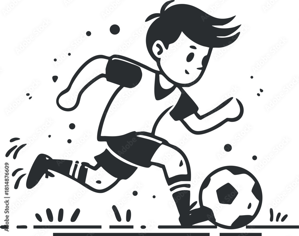 Naklejka premium Black and white cartoon illustration of a boy playing soccer, showcasing dynamic movement and energy.