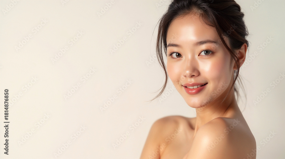 Obraz premium A beautiful brunette woman with a healthy smile and natural, clean skin receives spa care