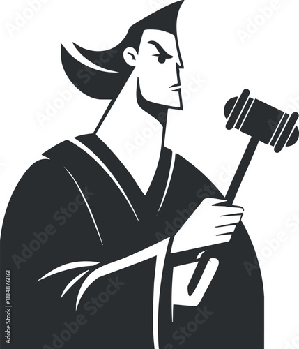 Monochrome illustration of a judge holding a gavel, symbolizing authority and justice.