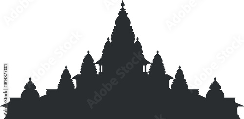 Silhouette of an ancient temple showcasing intricate architectural design against a white background.