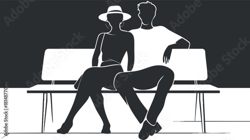 Minimalist black and white illustration of a stylish couple sitting on a bench.