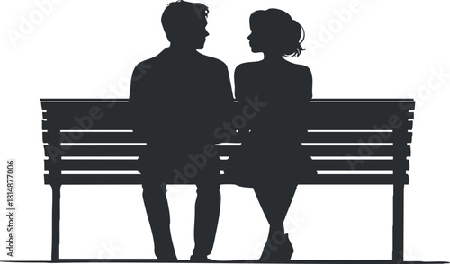 Silhouette of a couple sitting on a park bench, engaged in conversation, against a white background.