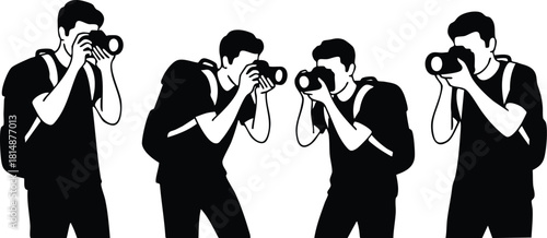 Photographers capturing images in various poses with cameras for creative projects and events 