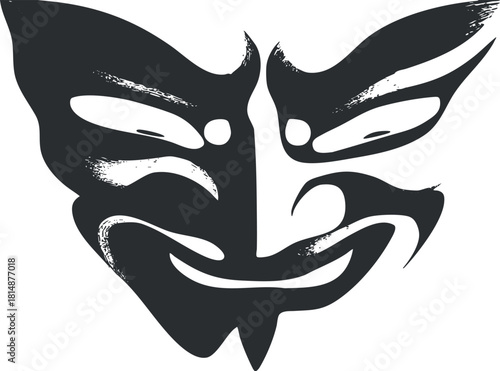 Black and white stylized theater mask illustration with expressive abstract design and bold lines.