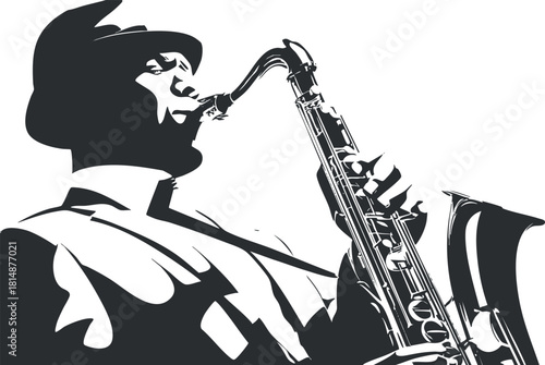 Silhouette of a jazz musician playing the saxophone, emphasizing classic music and culture.