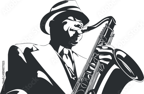 Black and white silhouette of a jazz musician playing a saxophone, wearing a suit and hat.