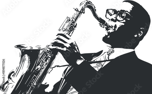 Black and white silhouette of a saxophonist playing music, capturing the essence of jazz.