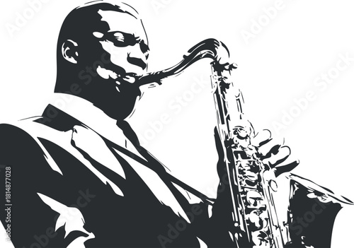 Silhouette of a saxophonist playing jazz music in a striking black and white illustration.