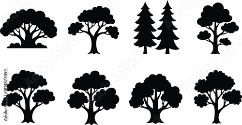 Various tree silhouettes in different styles and shapes for nature-themed designs and illustrations 