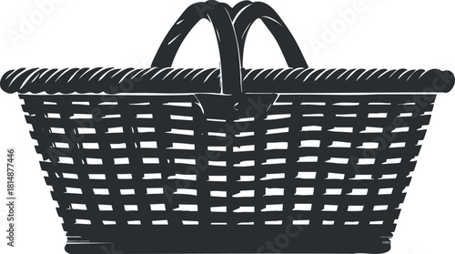 Black and white illustration of a traditional woven wicker basket with handles, emphasizing texture.
