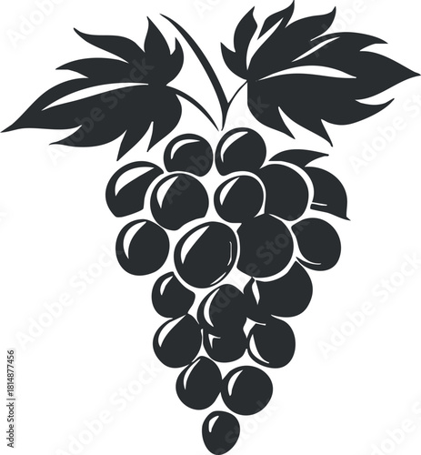 Black silhouette illustration of a grape bunch with leaves, symbolizing vineyards and agriculture.