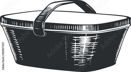 Black and white illustration of a classic wicker picnic basket with a handle and lid.