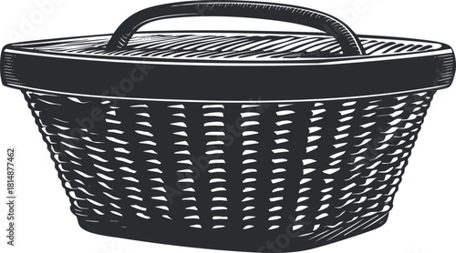 Vintage-style black and white illustration of a woven picnic basket with handle and lid.