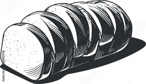 Monochrome illustration of a sliced loaf of bread, showcasing a vintage and traditional style.
