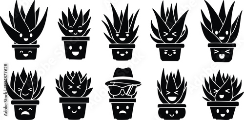 Humorous potted plants with faces featuring unique expressions and styles in a playful vector illustration 