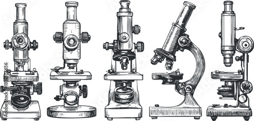 Hand-drawn illustration of vintage microscopes showcasing classic scientific equipment and design.