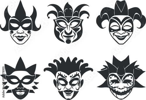Set of six black and white jester masks with playful and ornate designs for carnival.